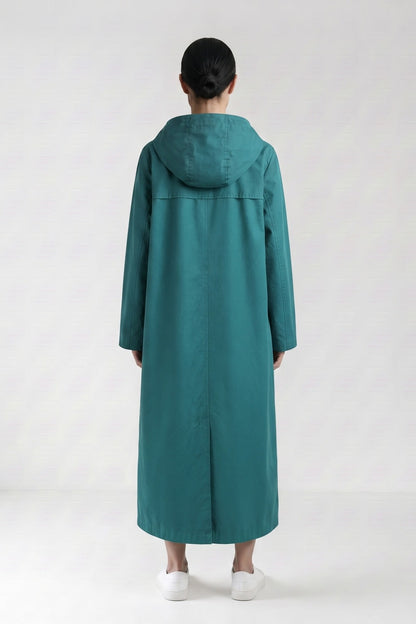 Women's Hooded Raincoat | Button-Front — Blue — back view — on model
