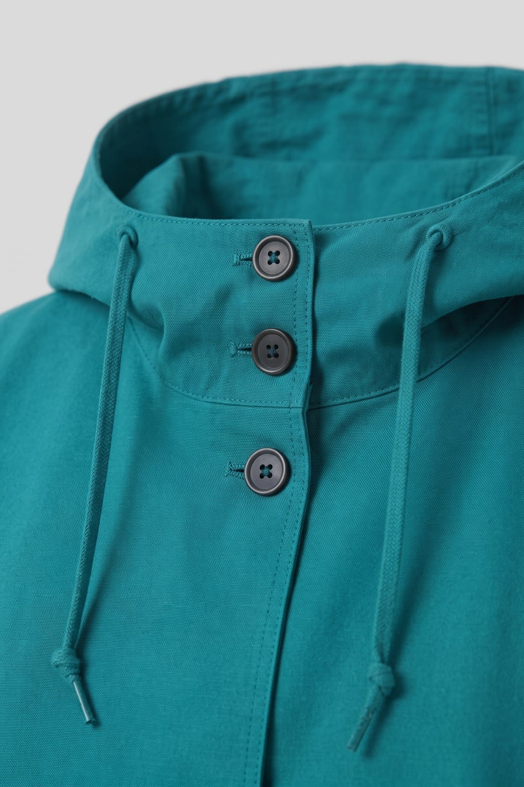 Women's Hooded Raincoat | Button-Front — Blue — detail — on model