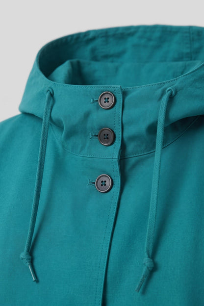 Women's Hooded Raincoat | Button-Front — Blue — detail — on model