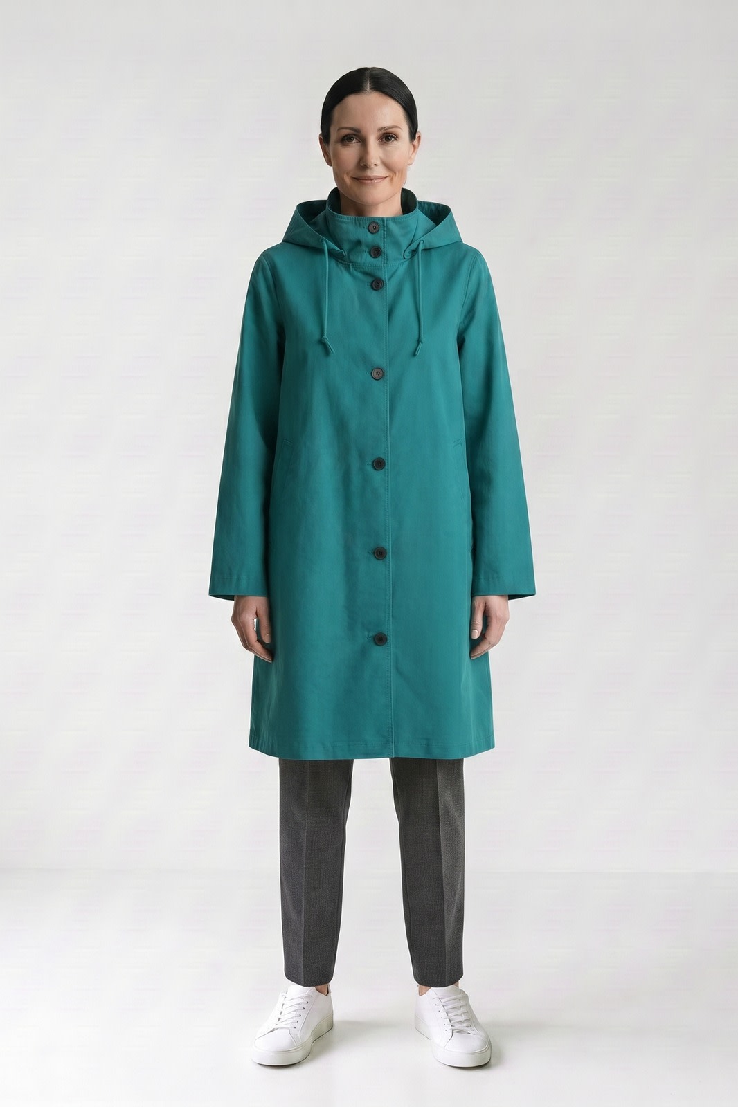Women's Hooded Raincoat | Button-Front — Blue — front view — on model