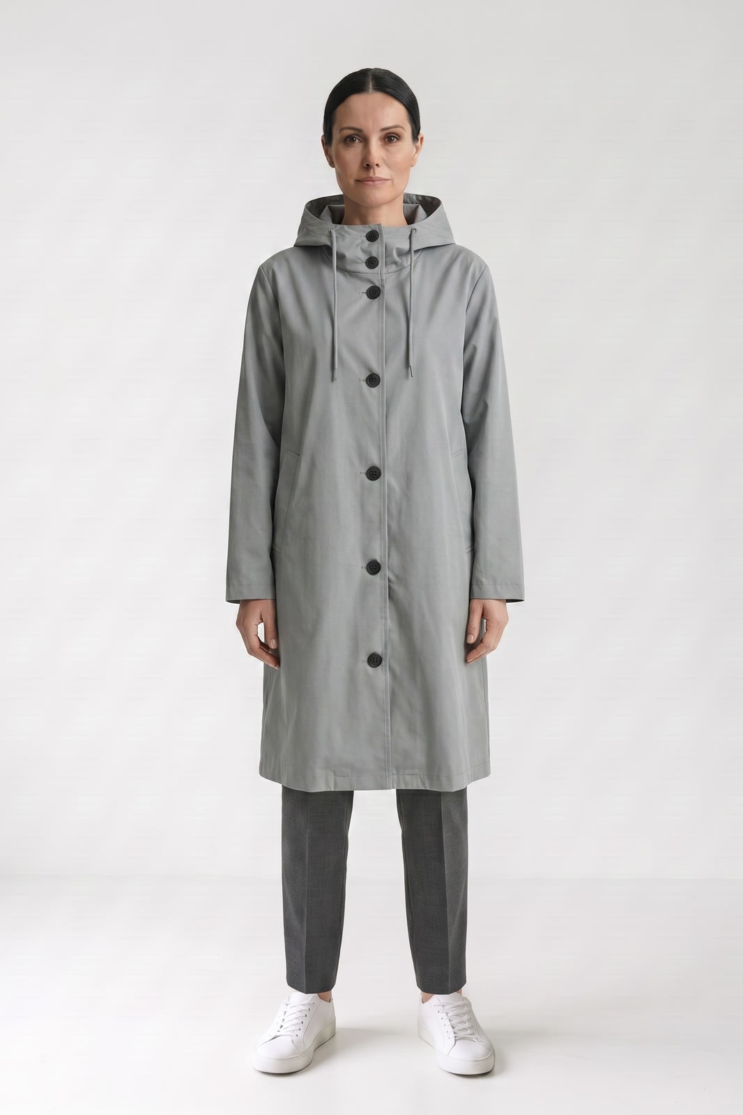 Women's Hooded Raincoat | Button-Front — Grey — front view — on model