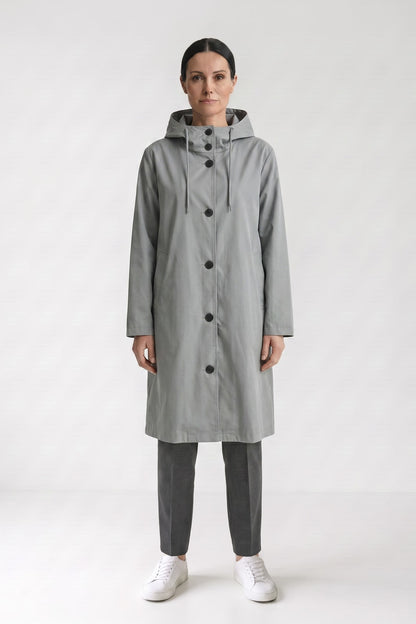 Women's Hooded Raincoat | Button-Front — Grey — front view — on model