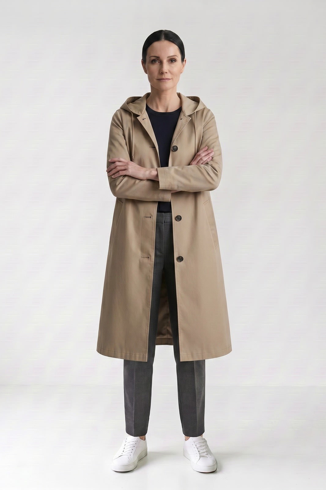 Women's Hooded Raincoat | Button-Front — Khaki — front view — on model