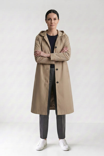 Women's Hooded Raincoat | Button-Front — Khaki — front view — on model