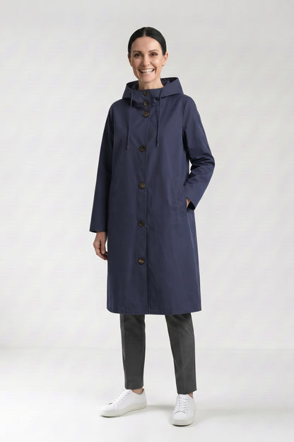 Women's Hooded Raincoat | Button-Front — Navy — front view — on model