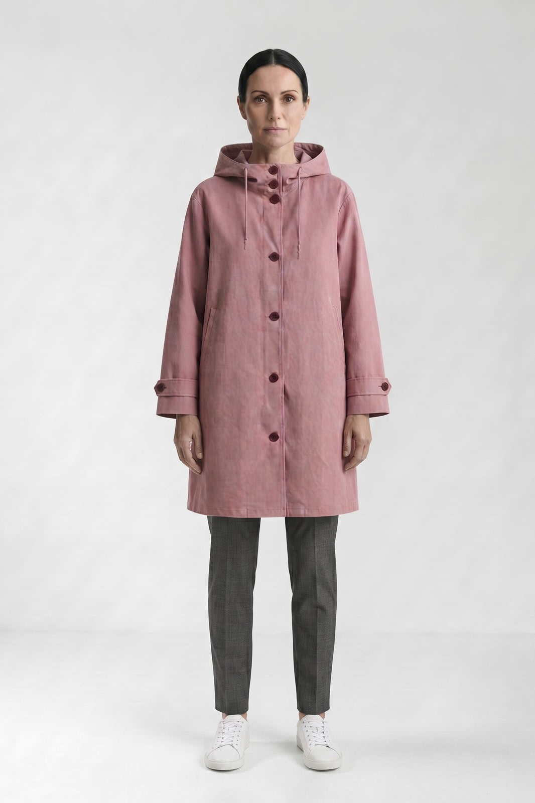 Women's Hooded Raincoat | Button-Front — Pink — front view — on model