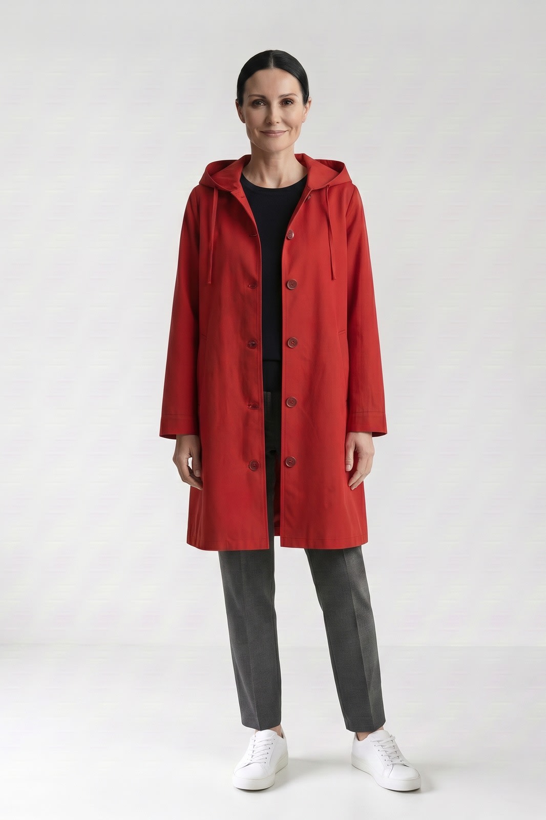 Women's Hooded Raincoat | Button-Front — Red — front view — on model