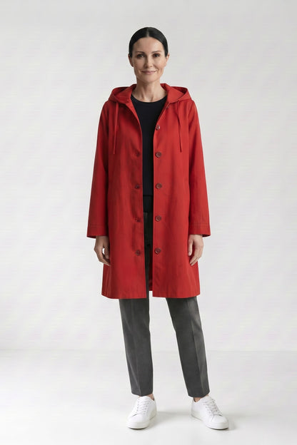 Women's Hooded Raincoat | Button-Front — Red — front view — on model