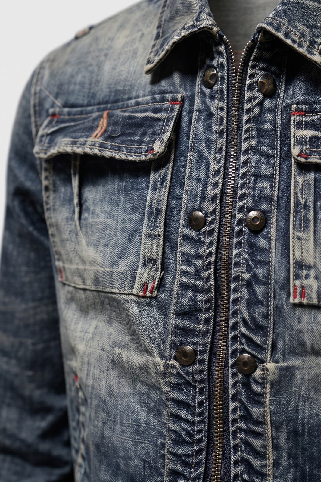 Men's Trucker Jacket | Chest Pockets — Blue — detail — on model