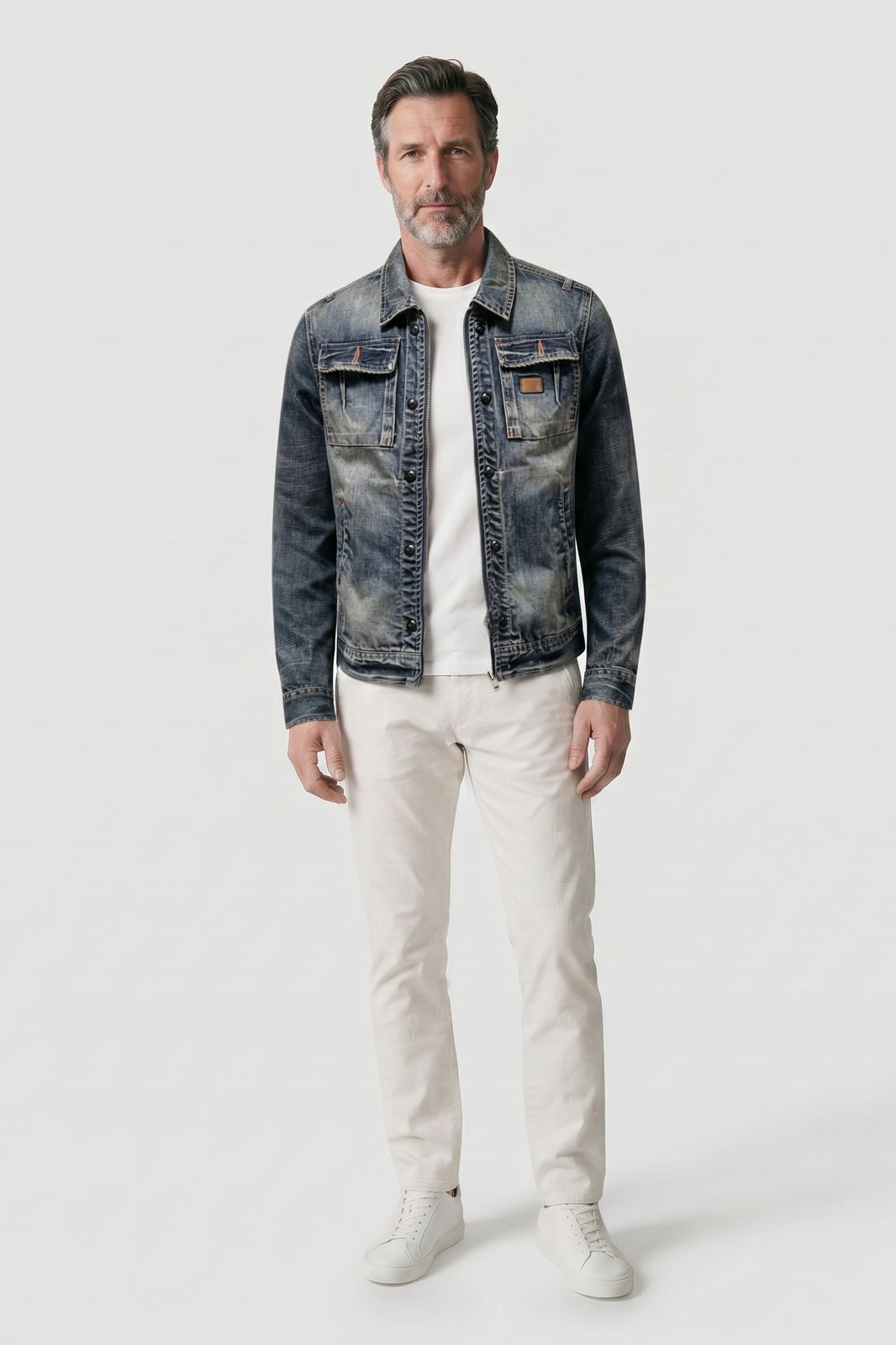 Men's Trucker Jacket | Chest Pockets — Blue — front view — on model