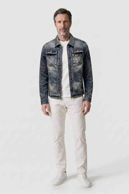 Men's Trucker Jacket | Chest Pockets — Blue — front view — on model