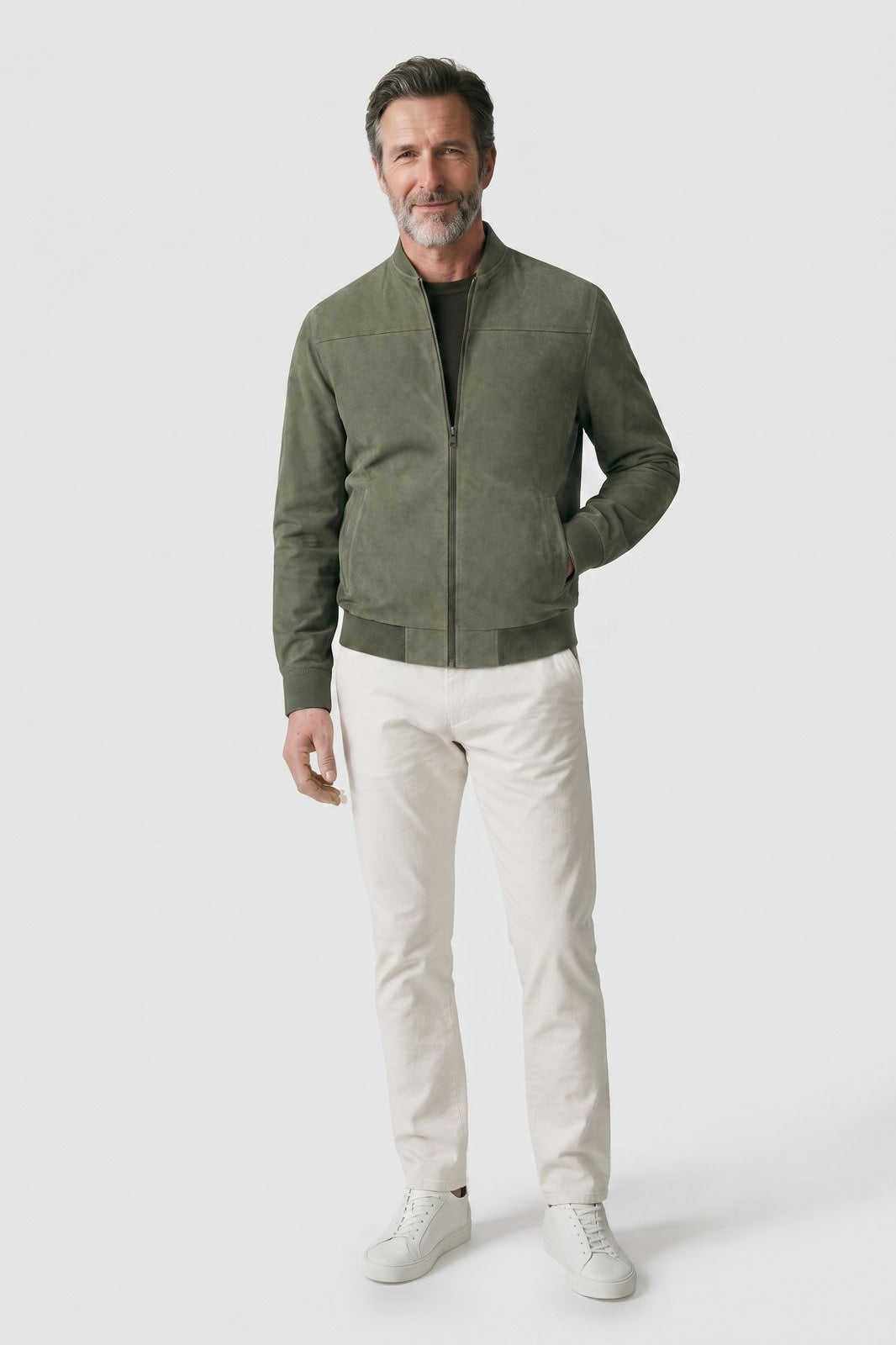 Men's Bomber Jacket | Stand Collar — Green — front view — on model