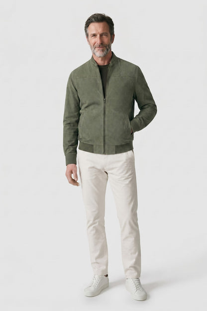 Men's Bomber Jacket | Stand Collar — Green — front view — on model