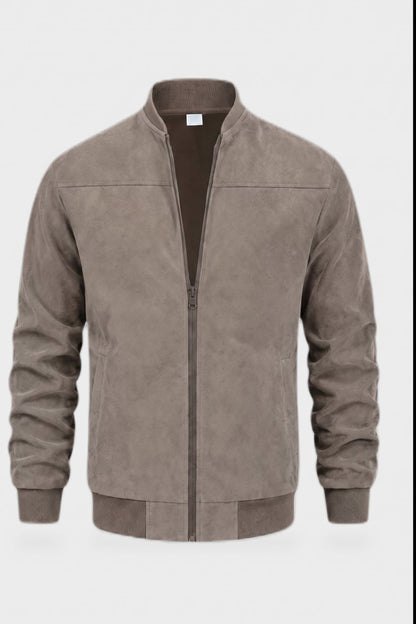 Men's Bomber Jacket | Stand Collar — Khaki — detail — on model