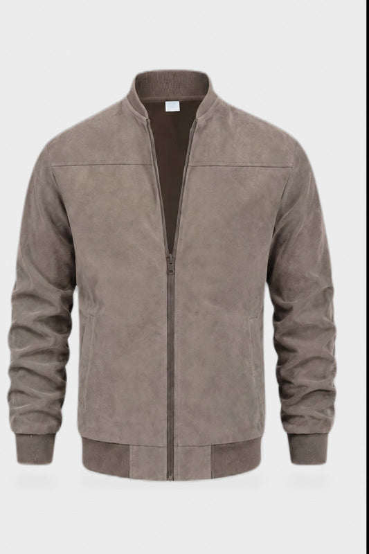 Men's Bomber Jacket | Stand Collar — Khaki — detail — on model