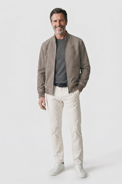 Men's Bomber Jacket | Stand Collar — Khaki — front view — on model