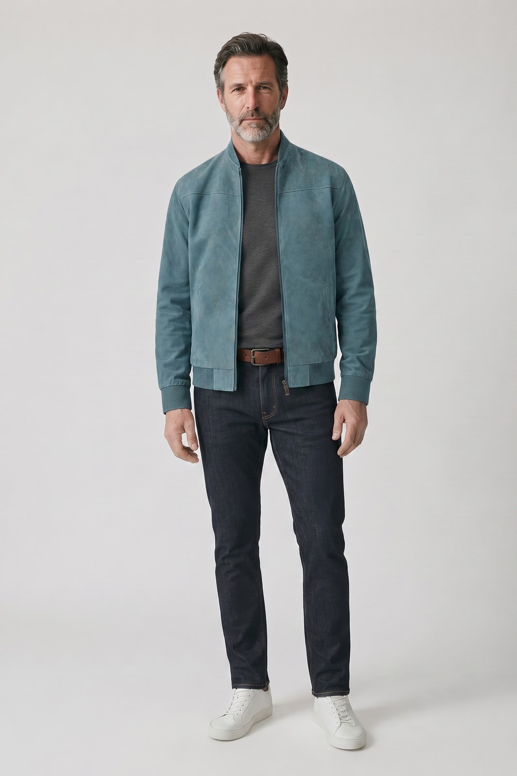 Men's Bomber Jacket | Stand Collar — Light Blue — front view — on model