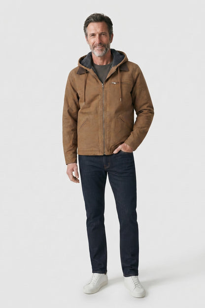 Men's Hooded Utility Jacket | Zip Front — Brown — front view — on model