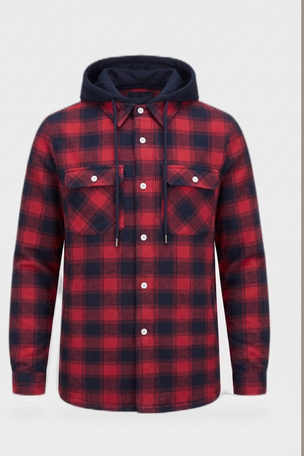 Men's Checked Shirt Jacket | Hooded — Red — detail — on model