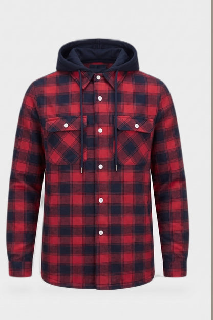 Men's Checked Shirt Jacket | Hooded — Red — detail — on model