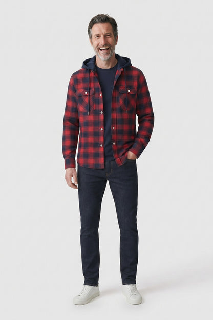 Men's Checked Shirt Jacket | Hooded — Red — front view — on model