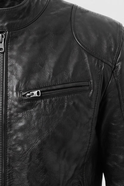Men's Biker Jacket | Stand Collar — Black — detail — on model