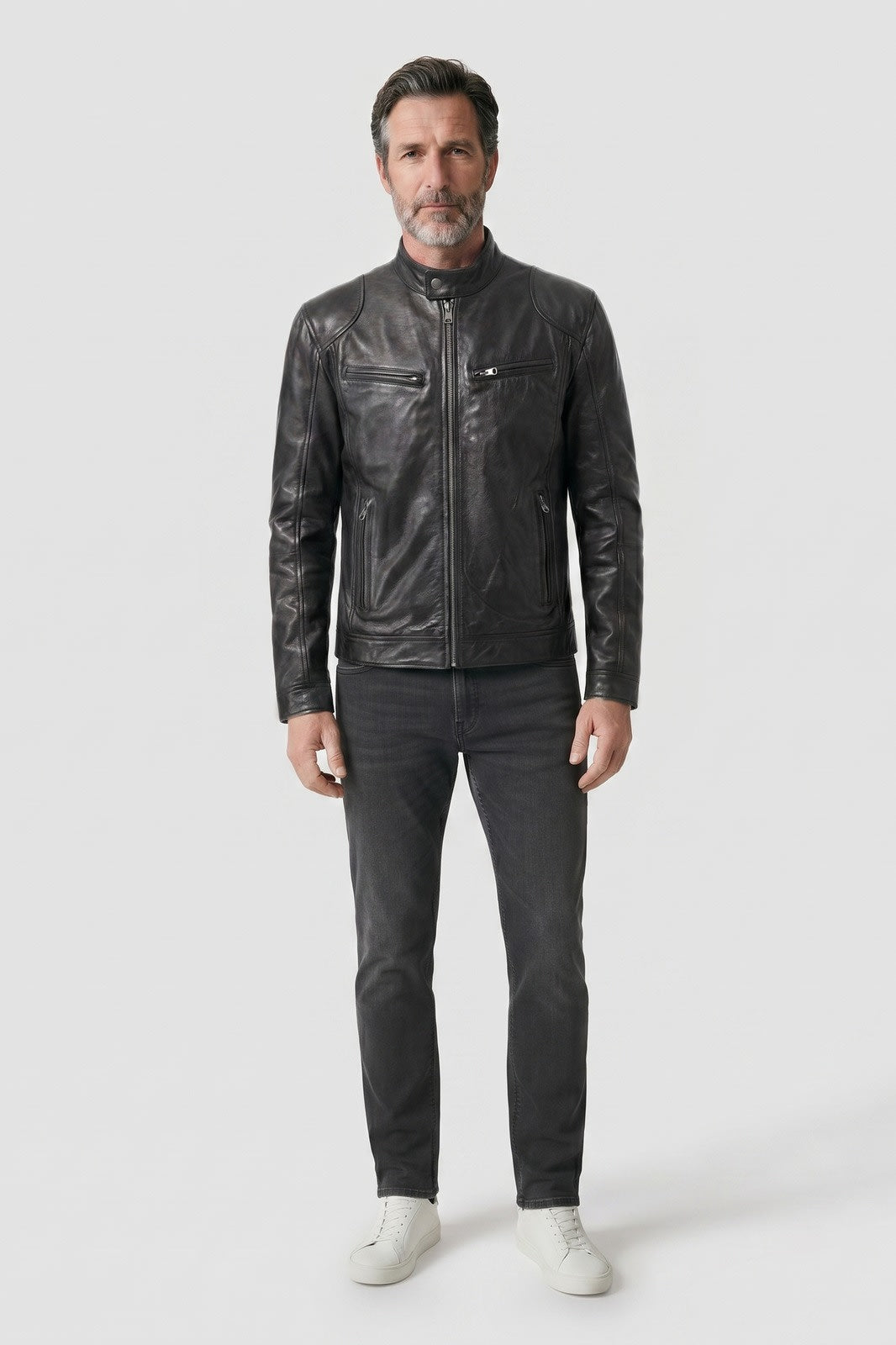 Men's Biker Jacket | Stand Collar — Black — front view — on model