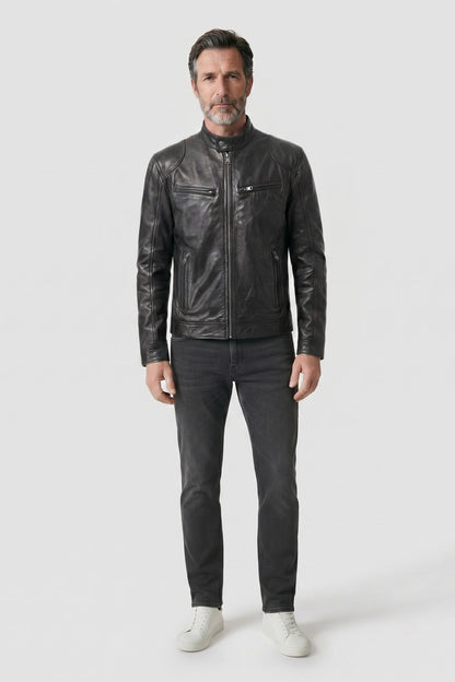 Men's Biker Jacket | Stand Collar — Black — front view — on model