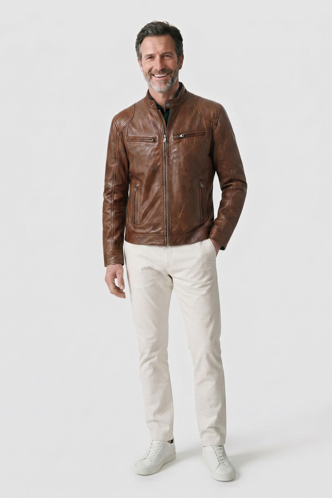 Men's Biker Jacket | Stand Collar — Khaki — front view — on model