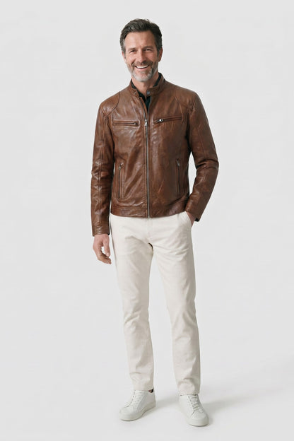 Men's Biker Jacket | Stand Collar — Khaki — front view — on model