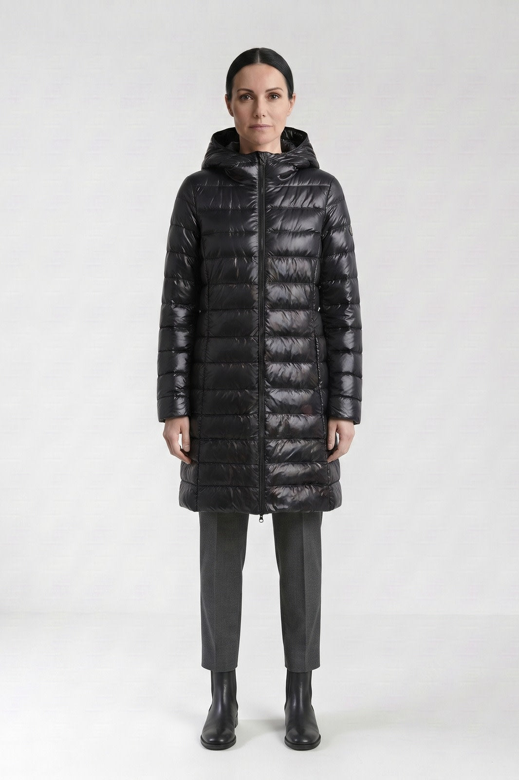 Women's Long Puffer Coat | Hooded — Black — front view — on model