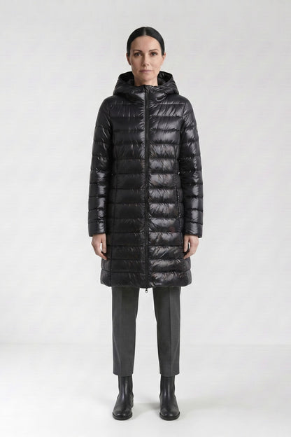 Women's Long Puffer Coat | Hooded — Black — front view — on model