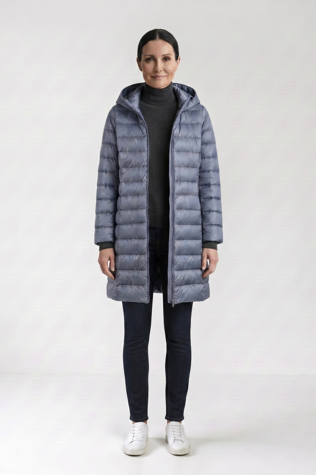Women's Long Puffer Coat | Hooded — Blue — front view — on model