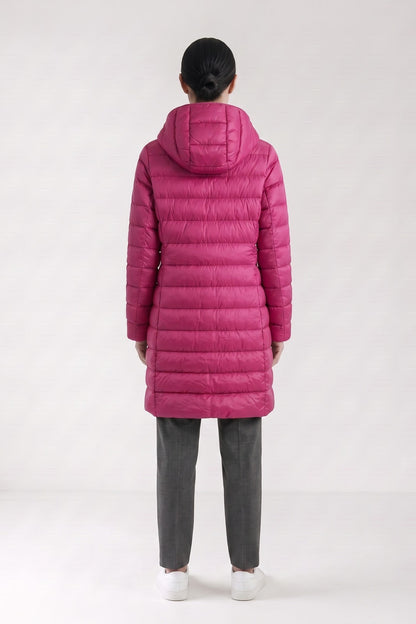 Women's Long Puffer Coat | Hooded — Dark Pink — back view — on model