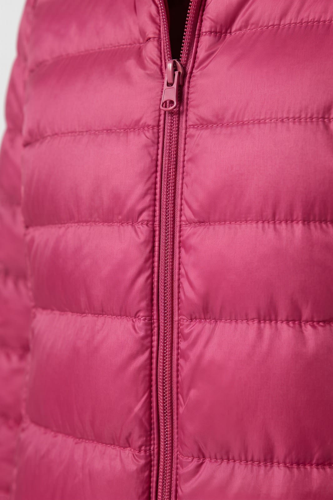 Women's Long Puffer Coat | Hooded — Dark Pink — detail — on model