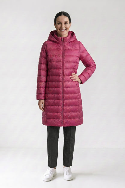 Women's Long Puffer Coat | Hooded — Dark Pink — front view — on model