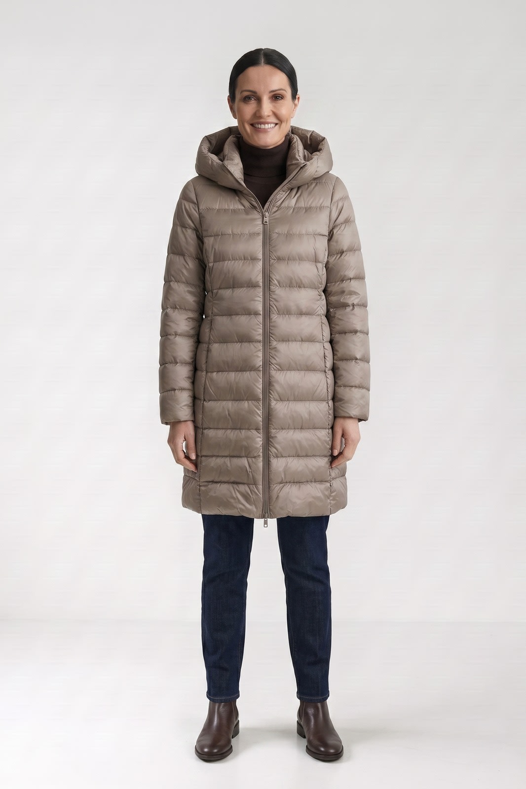 Women's Long Puffer Coat | Hooded — Khaki — front view — on model