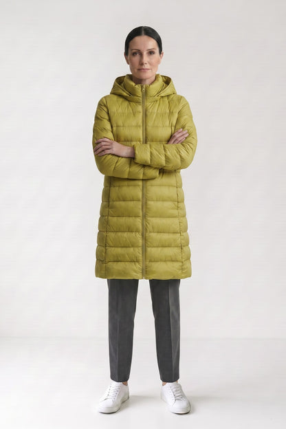 Women's Long Puffer Coat | Hooded — Light Green — front view — on model