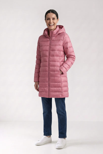 Women's Long Puffer Coat | Hooded — Pink — front view — on model