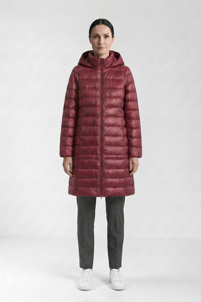 Women's Long Puffer Coat | Hooded — Red — front view — on model