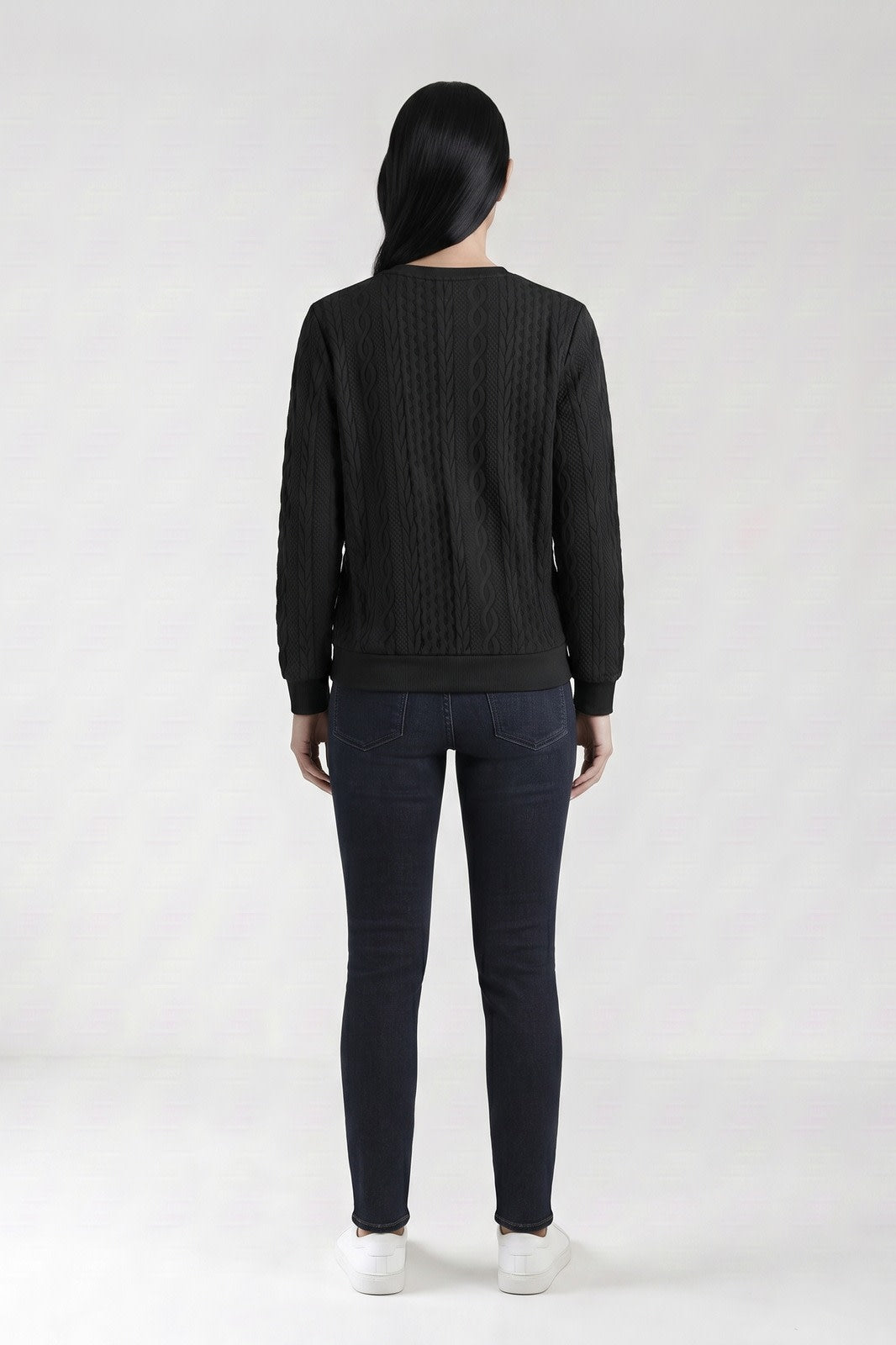 Women's Quarter-Zip Sweatshirt | Ribbed — Black — back view — on model