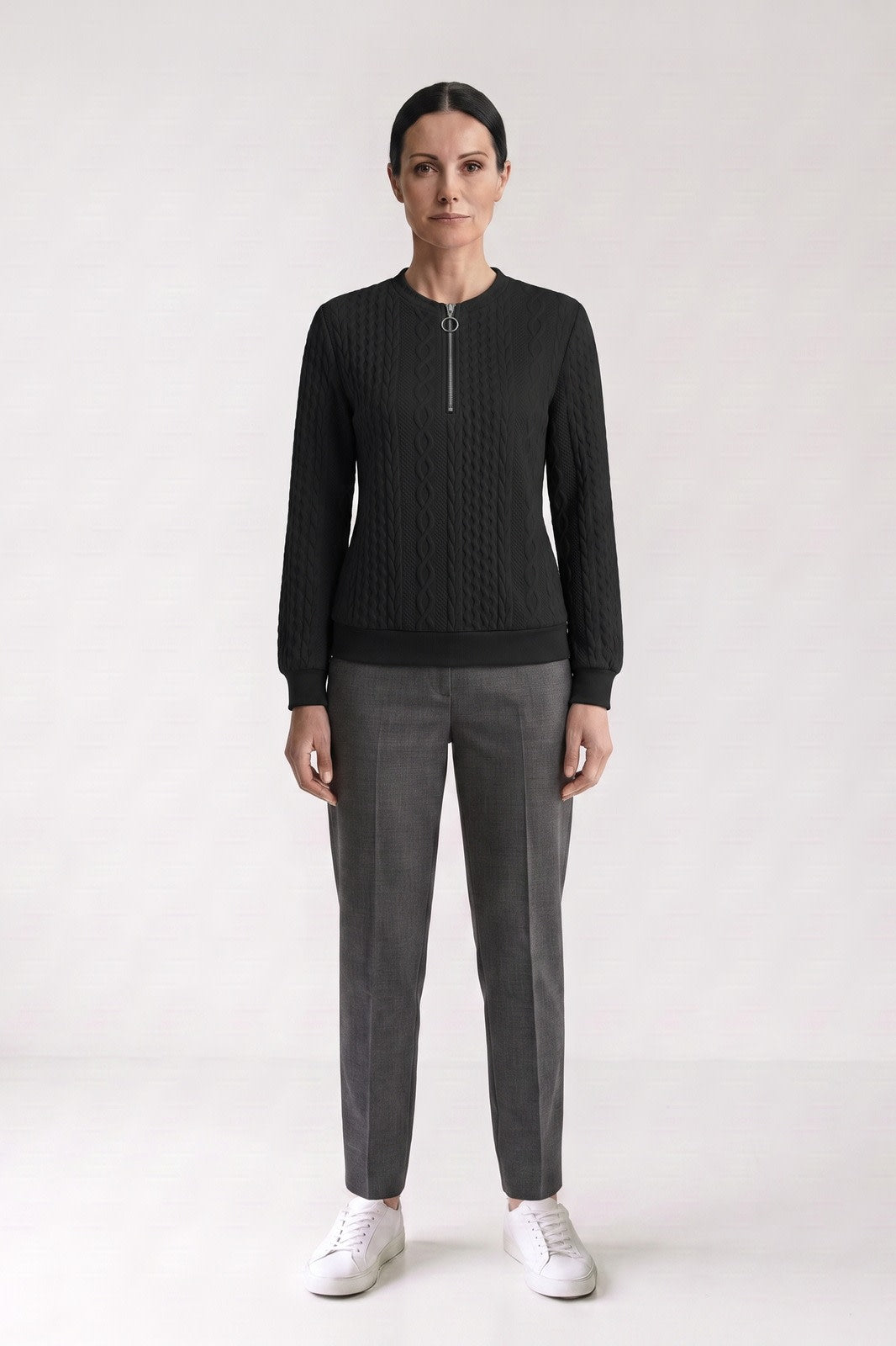 Women's Quarter-Zip Sweatshirt | Ribbed — Black — front view — on model