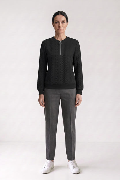 Women's Quarter-Zip Sweatshirt | Ribbed — Black — front view — on model