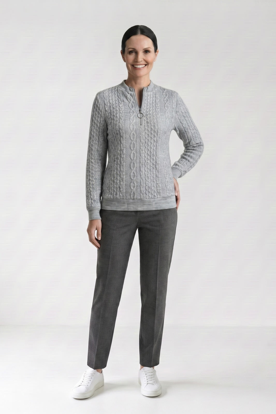 Women's Quarter-Zip Sweatshirt | Ribbed — Grey — front view — on model