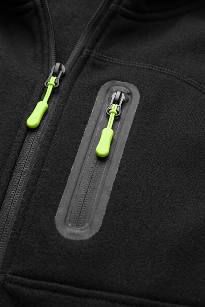 Men's Zip Hooded Jacket | Sleeve Pocket — Black — detail — on model