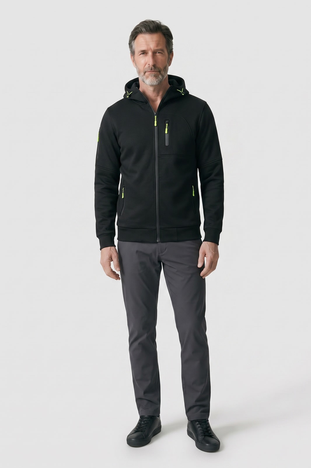 Men's Zip Hooded Jacket | Sleeve Pocket — Black — front view — on model