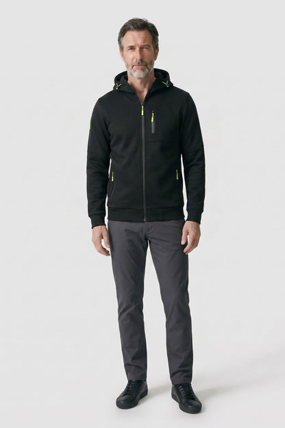 Men's Zip Hooded Jacket | Sleeve Pocket — Black — front view — on model