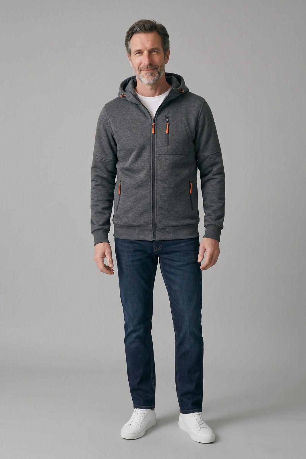 Men's Zip Hooded Jacket | Sleeve Pocket — Grey — front view — on model