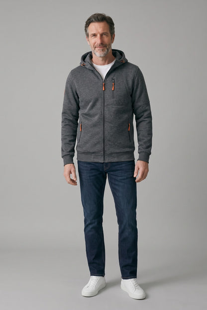 Men's Zip Hooded Jacket | Sleeve Pocket — Grey — front view — on model