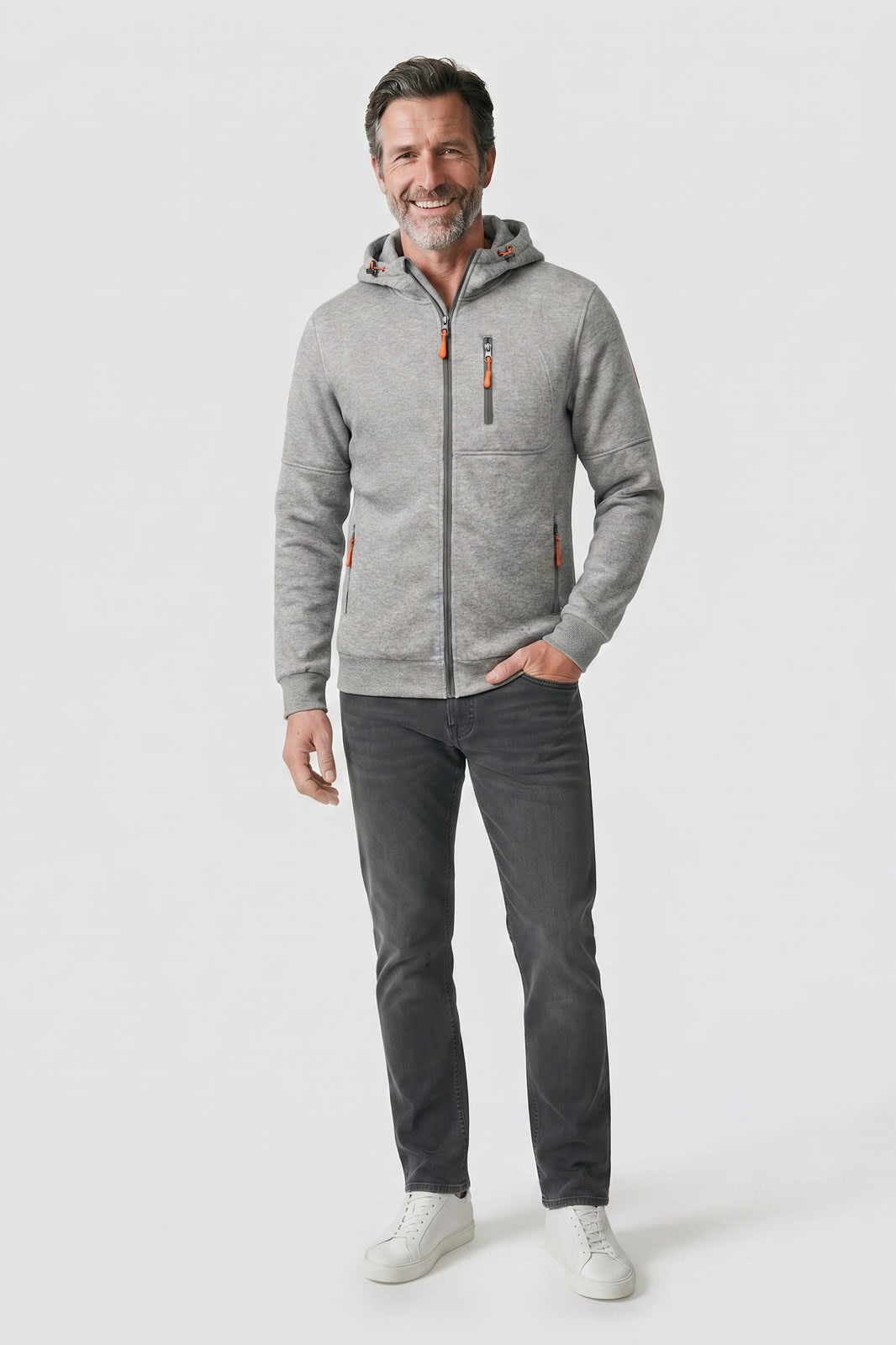 Men's Zip Hooded Jacket | Sleeve Pocket — Light Grey — front view — on model